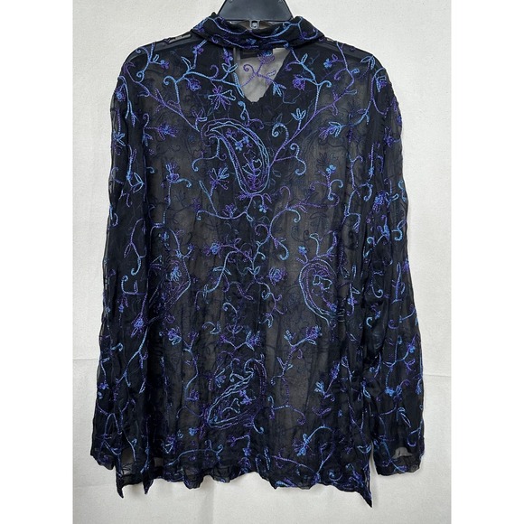 Maggie Barnes Whimsy 100% Silk Embroidered Sheer Shirt Black Paisley Plus 2X Vtg - Picture 4 of 8